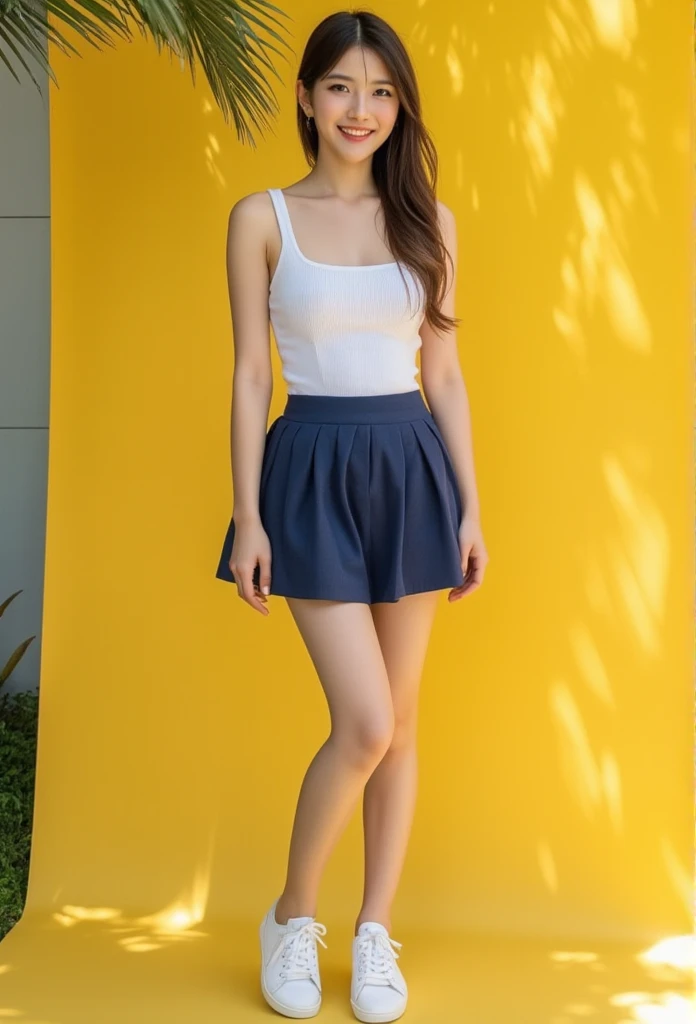 Full body,Soft, Take a photo,  atmosphere ,stand,portrait, Thai Women, cute,((smile)),  happy  ,Age 25 years,  perfect body ,shill, White Deep Neck Tank Top,Navy Extra Short Pleated Skirt,stand,Pose,Yellow Back ,sunlight, natural light ,(( full body image)), white sneakers 