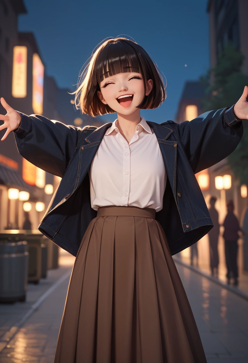 score 9, score 8_up, score 7_up, score real, beautiful face woman, Accurate limb expression,　Looking up at the sky 、((brown short hair, blunt bangs)), amazing hourglass figure, (dark color long jacket and long skirt),(white collared long sleeve shirt), ((untucked shirt:1.2)), perfect figure, city at night, ( laughing with her arms outstretched) ,Arms behind back, front view, score_9, score_8_up, score_7_up, source real, real skin, BREAK,, score_9, score_8_up, score_7_up, score_9, score_8_up, score_7_up, face,score_9, score_8_up, score_7_up,source_real,real skin, BREAK