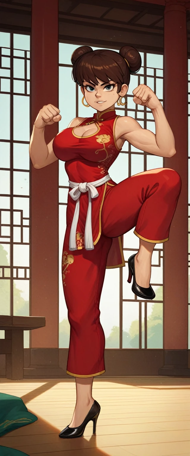 lynn loud, 1girl, solo, 24yo girl, large breasts, red cheongsam, inside of a chinese temple, looking at viewer, brunette hair, two hair buns , hands  score_9, score_8_up, score_7_up, high heels, teep fighting stance,martial arts, chest window