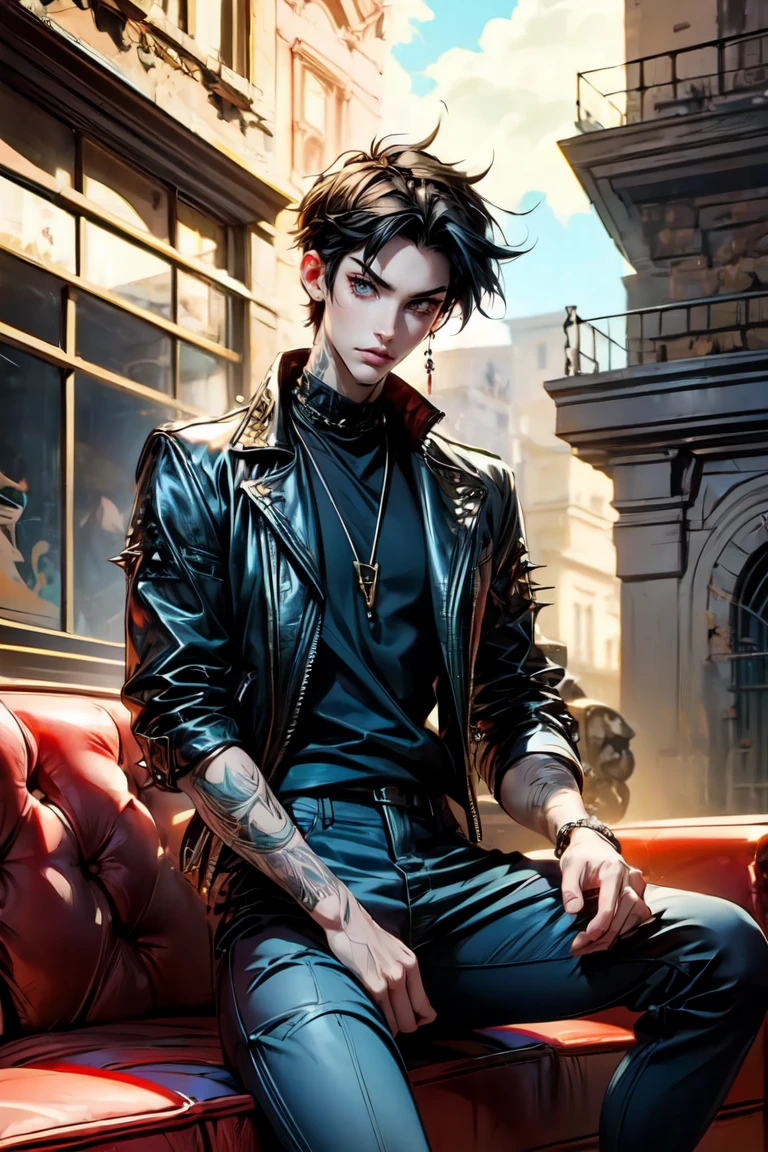 (masterpiece), ((anime style)), ((anime boy)), 1boy, expressive eyes, handsome, young boy, emerald eyes,((short dark hair)), clean cut, red cheeks, friendly, tall, ((slender body)), toned physique, leather jacket, long sleeves, spikes, chains, black t-shirt, long black pants, sitting, ((on a sofa)), torned sofa, masculine legs crossed pose, holding a book, looking to viewer, deserted building background, destroyed surroundings, 