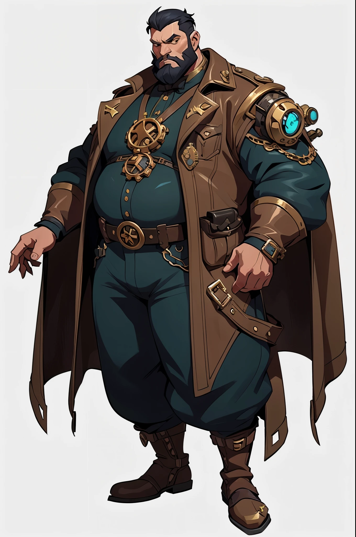 mstoconcept art, european and american cartoons, game character design, solo, 1MAN, human, black skin, Chubby, CLEAN FACE, GRAY BACKGROUND, steampunk clothes, steampunk engineer, FULL BODY, STANDING, black hair, black beard, fantasy rpg rogue, (((detailed))), (((high resolution)))