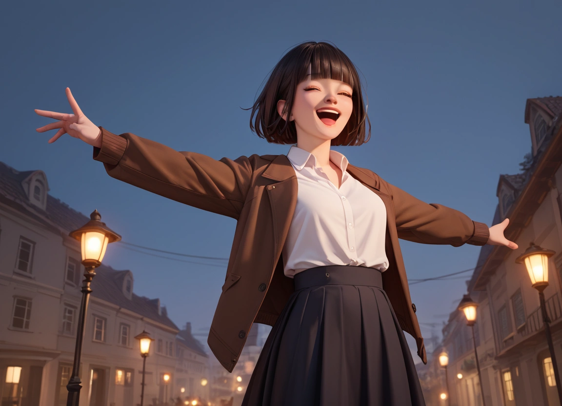 score 9, score 8_up, score 7_up, score real, beautiful face woman, Accurate limb expression,　Looking up at the sky 、((brown short hair, blunt bangs)), amazing hourglass figure, (dark color long jacket and long skirt),(white collared long sleeve shirt), ((untucked shirt:1.2)), perfect figure, city at night, ( laughing with her arms outstretched) ,Arms behind back, front view, score_9, score_8_up, score_7_up, source real, real skin, BREAK,, score_9, score_8_up, score_7_up, score_9, score_8_up, score_7_up, face,score_9, score_8_up, score_7_up,source_real,real skin, BREAK