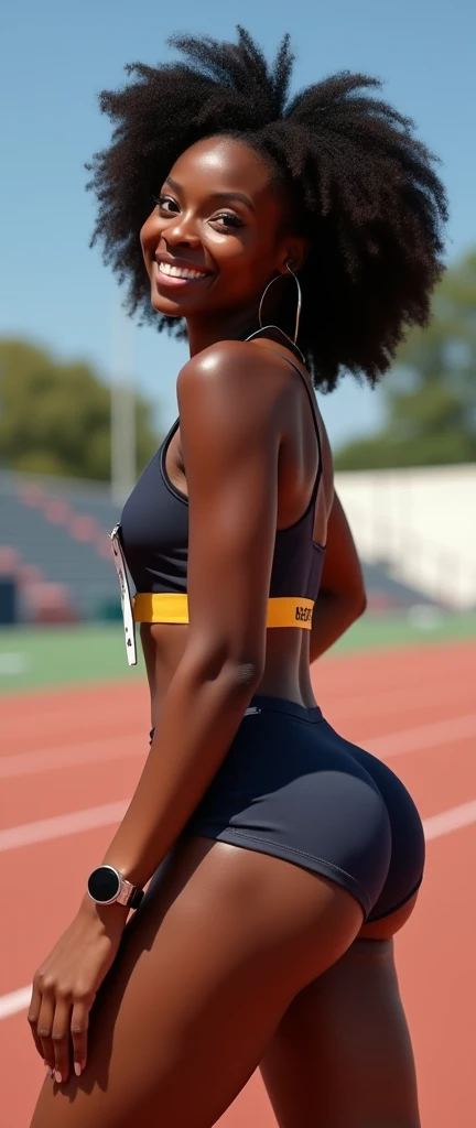arafed woman in skimpy blue shorts and white tank top on a track, black skin!!!, tight attire, ebony skin, very dark brown skin!, dark skinned, adut akech, thighs!!!!!!, exposed thighs!!!, thighs!!!! gorgeous, dark brown skin, thighs!!!!! gorgeous, dark-skinned, dark skin, thighs!!!, good hips and long legs, 8K, ((masterpiece)), UHD, afro hair, afro hair style, long afro hair, ponytail, skimpy white top, showing ass, sexy ass, sand