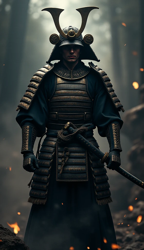 8K quality hyper-realistic image of a Japanese villain in traditional samurai armor, striking a powerful pose with a dark, ominous aura around them.