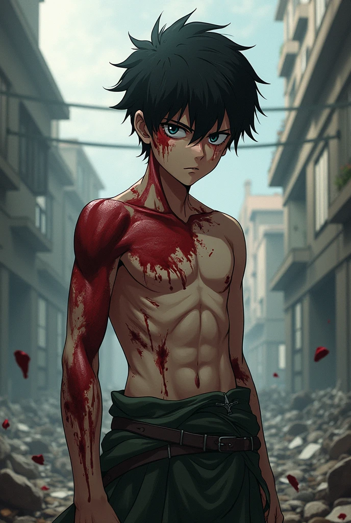 A boy with a scar on his chest, shirtless, DARK hair, pale skin, comic style and in battle pose