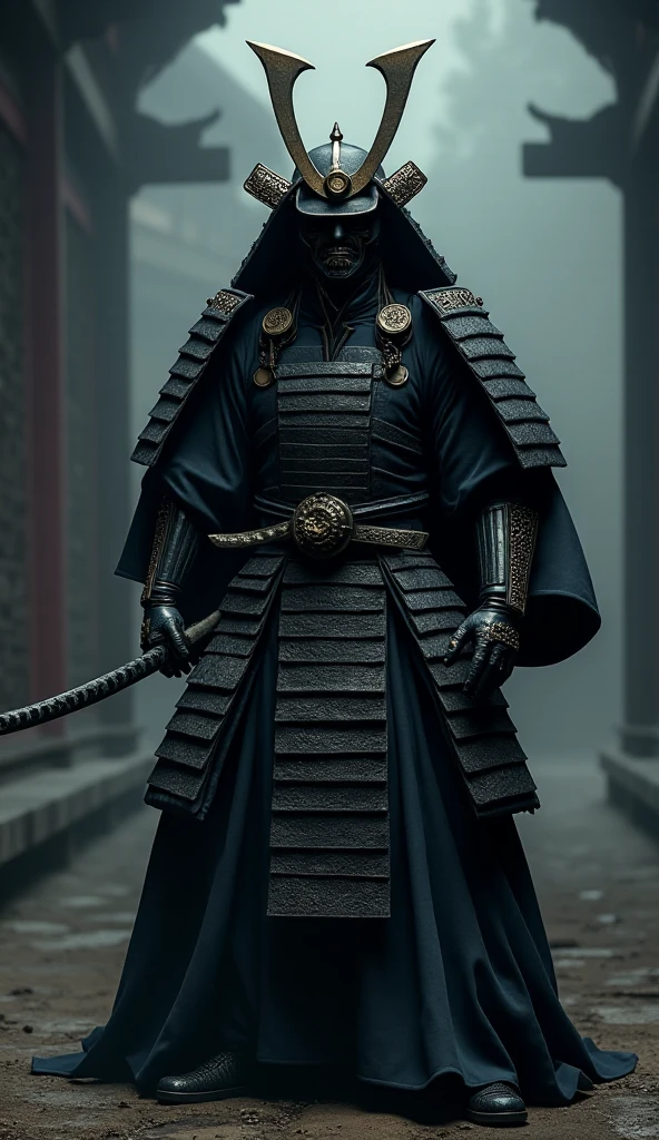 8K quality hyper-realistic image of a Japanese villain in traditional samurai armor, wielding a katana and wearing a dark, eerie mask, exuding a dark, ominous aura in a battle-ready pose.”