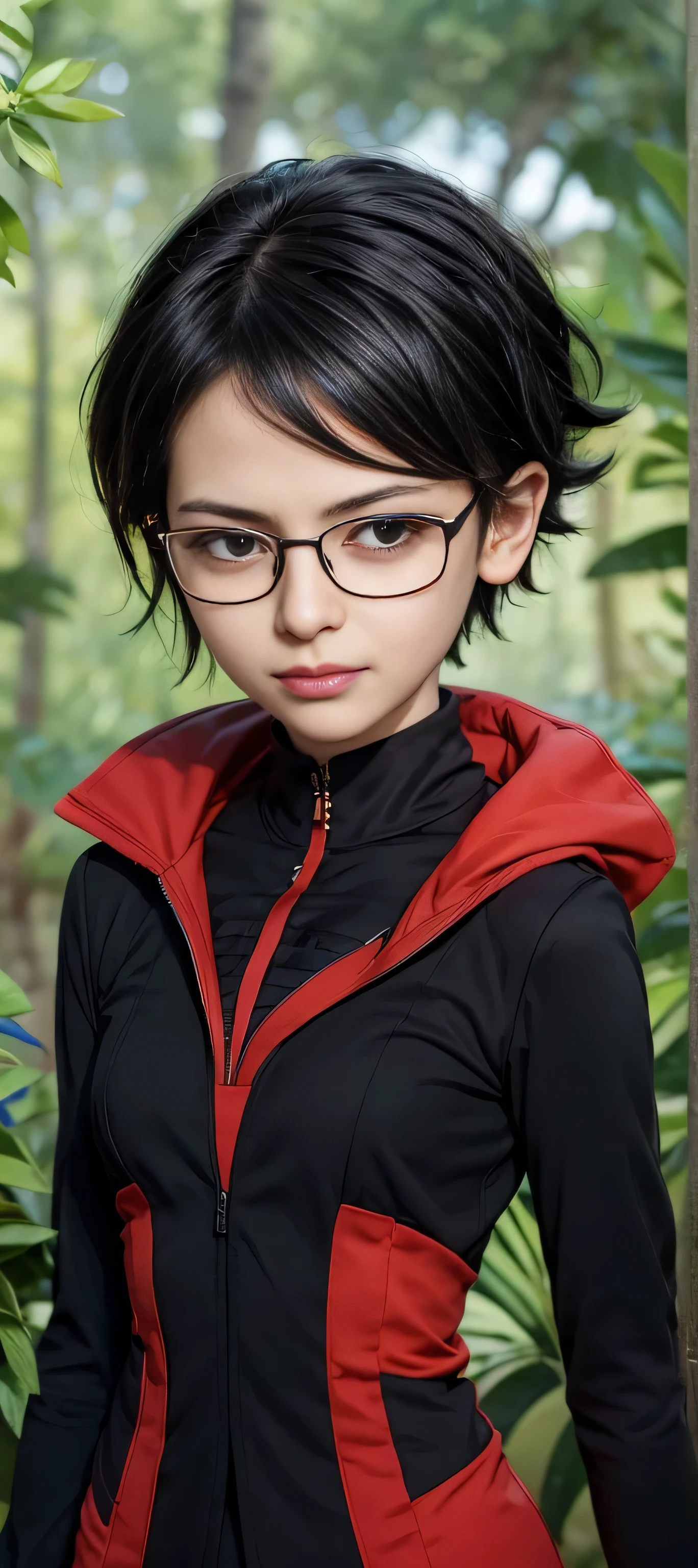 masterpiece, best quality, (realistic,photo-realistic:1.4), (RAW photo:1.2), extremely detailed CG unity 8k wallpaper, delicate and beautiful, amazing,finely detail, official art, absurdres, incredibly absurdres, huge filesize, ultra-detailed,extremely detailed eyes and face,light on face,sarada,(smirk:1.4),(black hair:1.4),(very short hair:1.4),nature,sarada uchiha ,(wearing black framed glasses:1.5),(wearing suit:1.5),jungle,navel