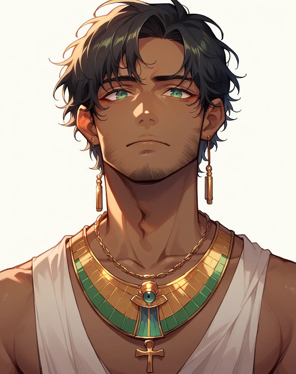 Anime man, long black hair, green bangs, Egyptian, Brown skin, facial hair, gold, gold necklace, no shirt, white background, pretty lighting, detailed, ((man)), half body