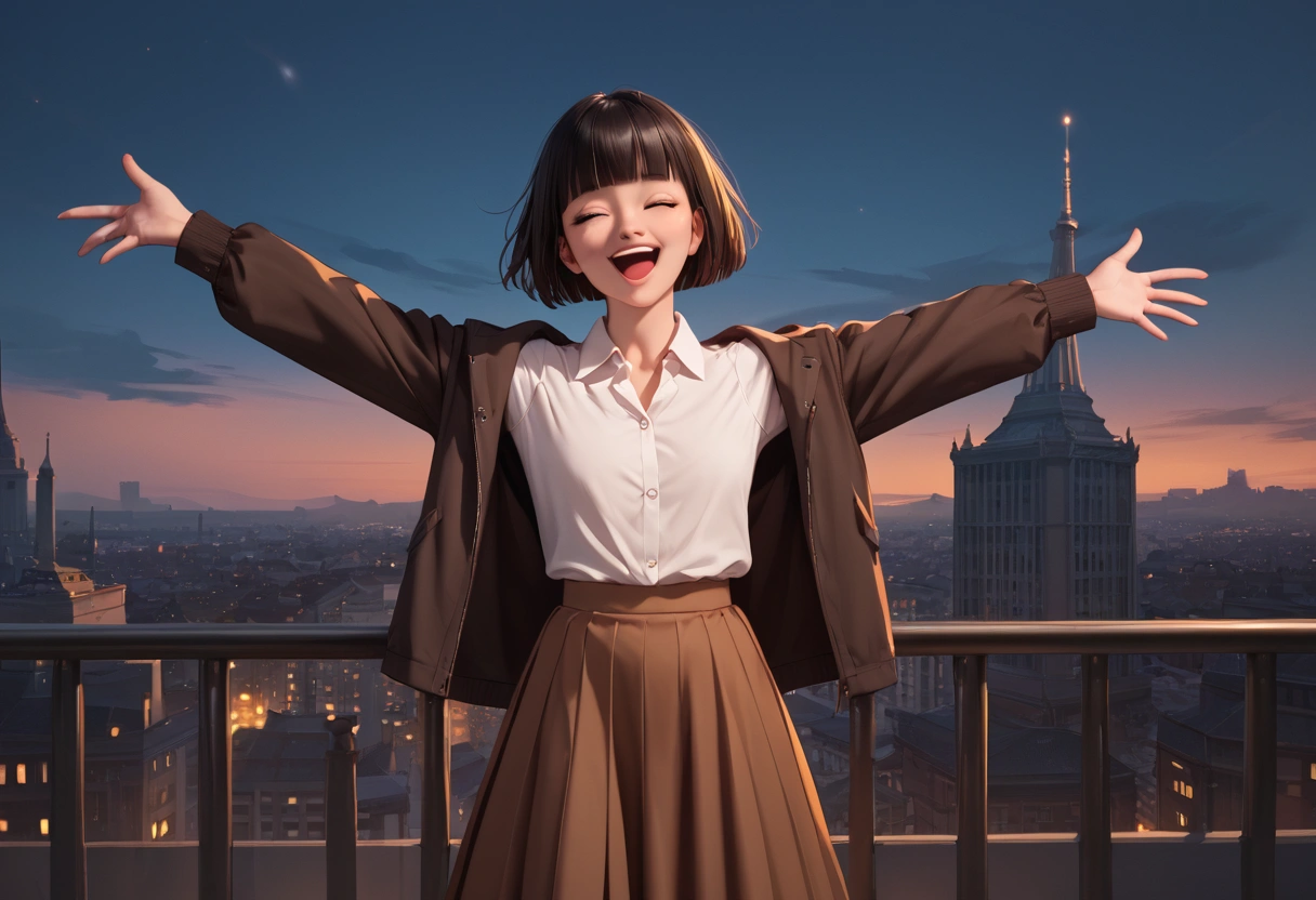 score 9, score 8_up, score 7_up, score real, beautiful face woman, Accurate limb expression,　Looking up at the sky 、((brown short hair, blunt bangs)), amazing hourglass figure, (dark color long jacket and long skirt),(white collared long sleeve shirt), ((untucked shirt:1.2)), perfect figure, city at night, ( laughing with her arms outstretched) ,Arms behind back, front view, score_9, score_8_up, score_7_up, source real, real skin, BREAK,, score_9, score_8_up, score_7_up, score_9, score_8_up, score_7_up, face,score_9, score_8_up, score_7_up,source_real,real skin, BREAK