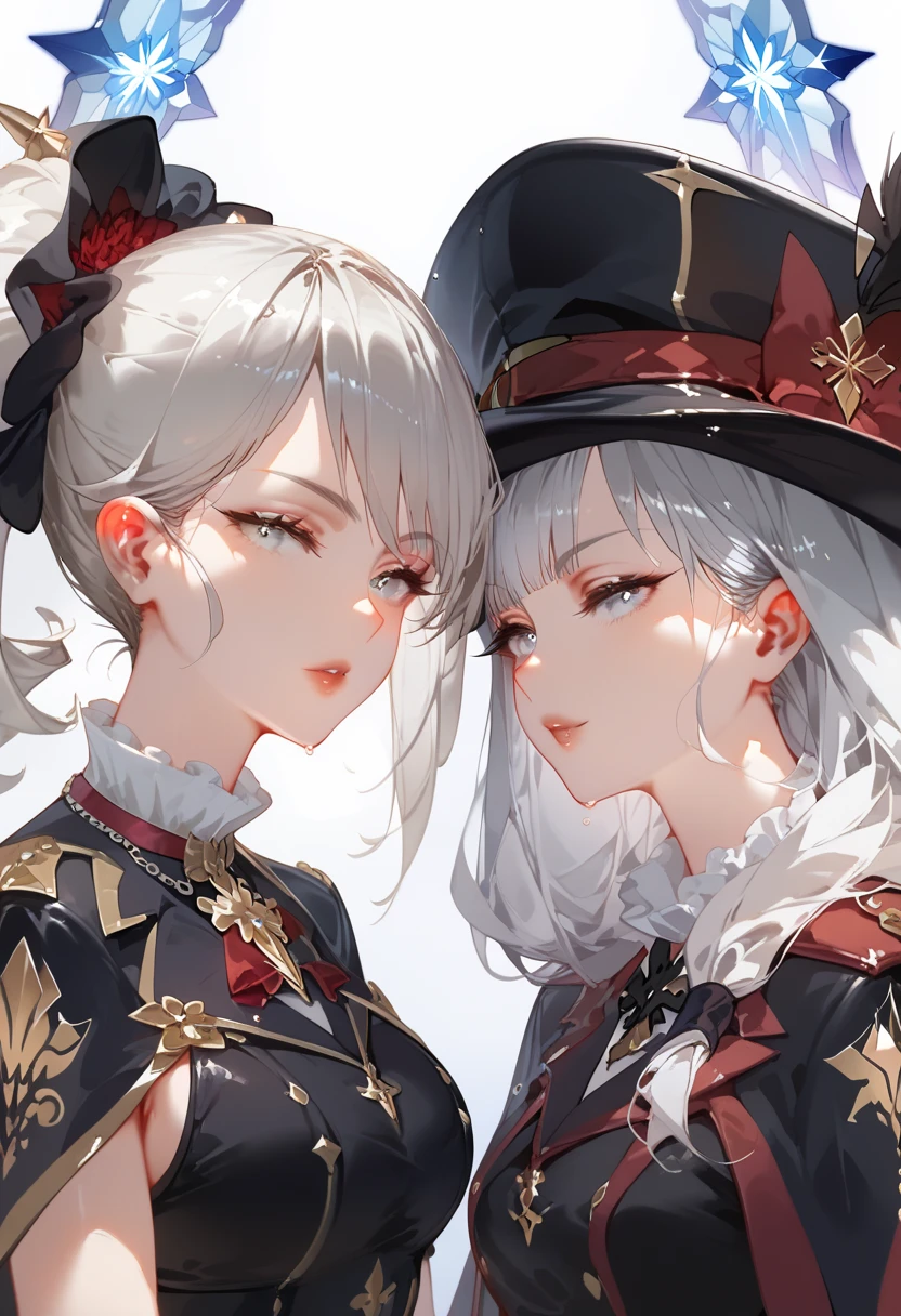 Two intimate celestial women，silver Hair，One a etheral witch the other an etheral sword saint. short white woman, two tone hair, glowing silver eyes, black outfit with silver framed gemstones. white and warm cameo colored cover, hat with long brim black and purple. Futanari,