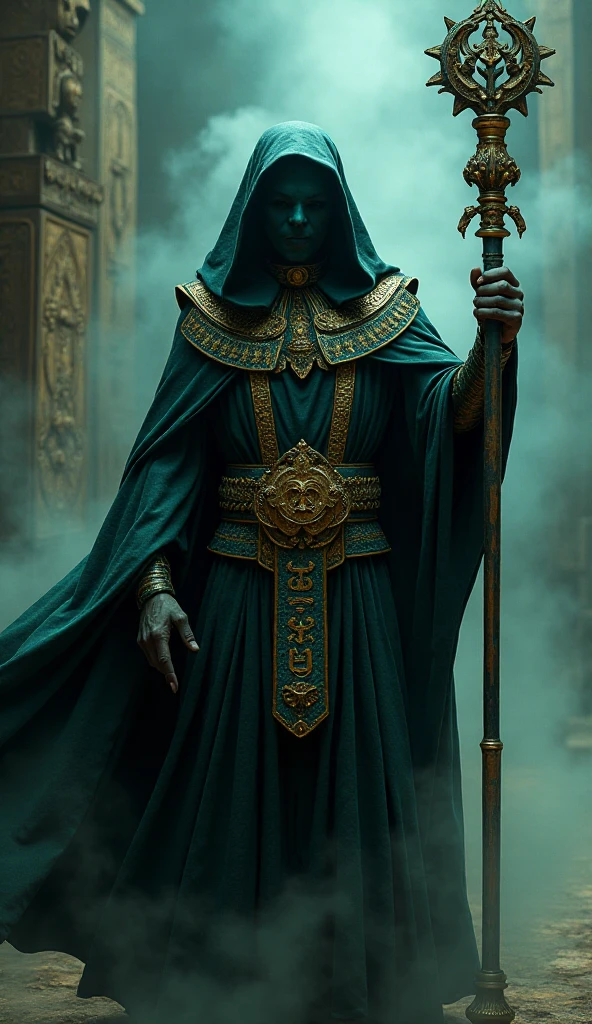 8K quality hyper-realistic image of an Egyptian villain in ancient mystical attire, holding an ornate staff and wearing an intimidating mask. A powerful dark aura surrounds their body, enhancing their ominous and ancient presence.