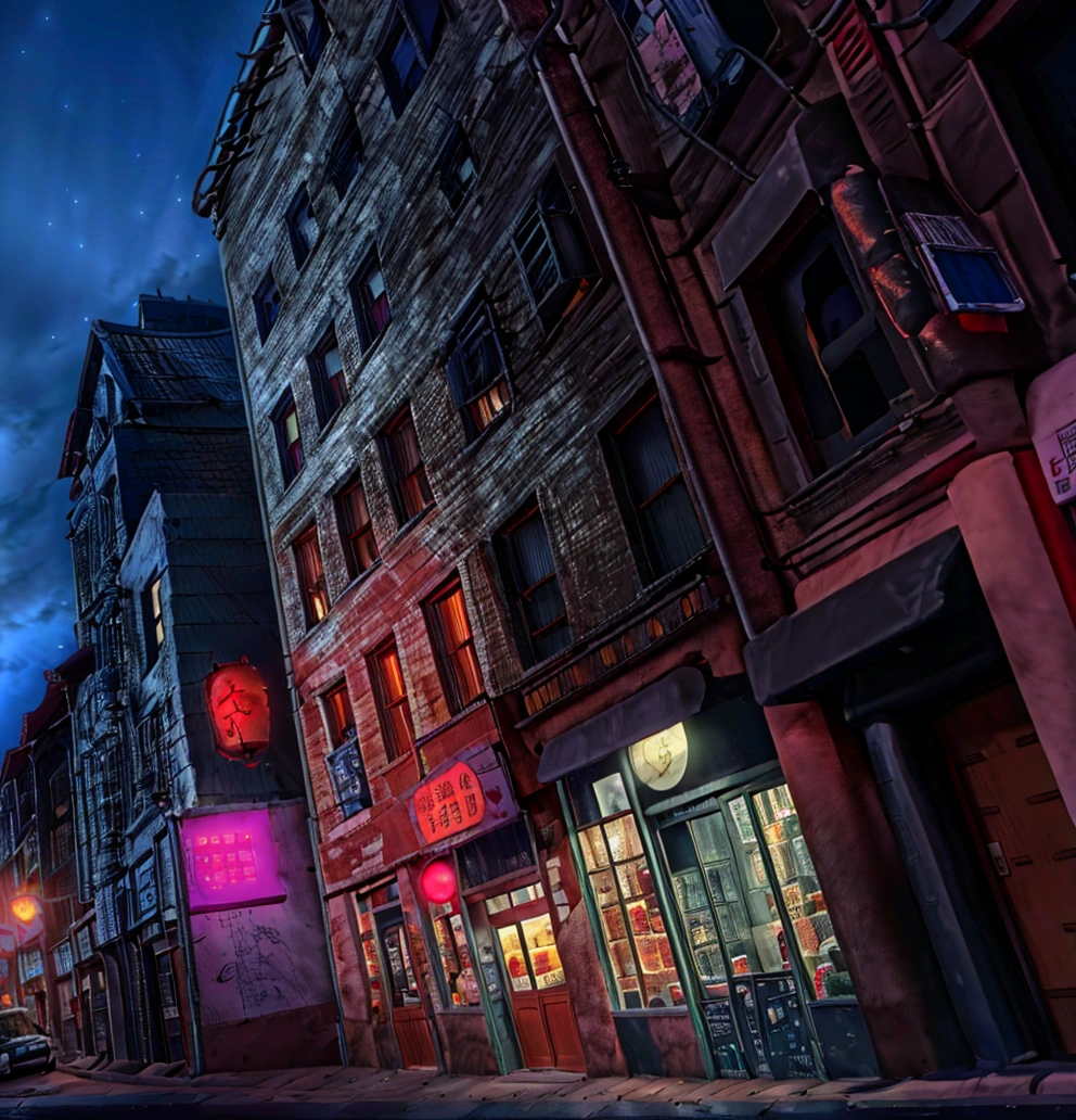 Looking up， cartoon style ，( no one:1),  no one的夜晚街景图， camera looking up close to the ground，City street view at night， There is a low building on the side of the street ， old wall with red bricks and tiles，Glass Windows， The façade has a survival staircase， The first floor of the building is a street-facing shop ， The shop has a blue light ，The glass window is reflective ，Place a sign on the outside of the store ，Street Lights， The skyline in the distance is a sketch of the city's skyline ， floor along the street， Realistic floor texture ，UE5 Rendering,Lumen lighting rendering ,3D Rendering