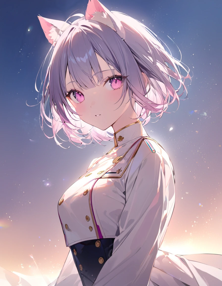 delicate、masterpiece、 best quality、{{one girl、cute、 short hair on the side of the uniform、Gray Hair、 pink eyes、Cat ears、blue sky、Show hands 、ephemeral、 beautiful lighting、 is dazzling、