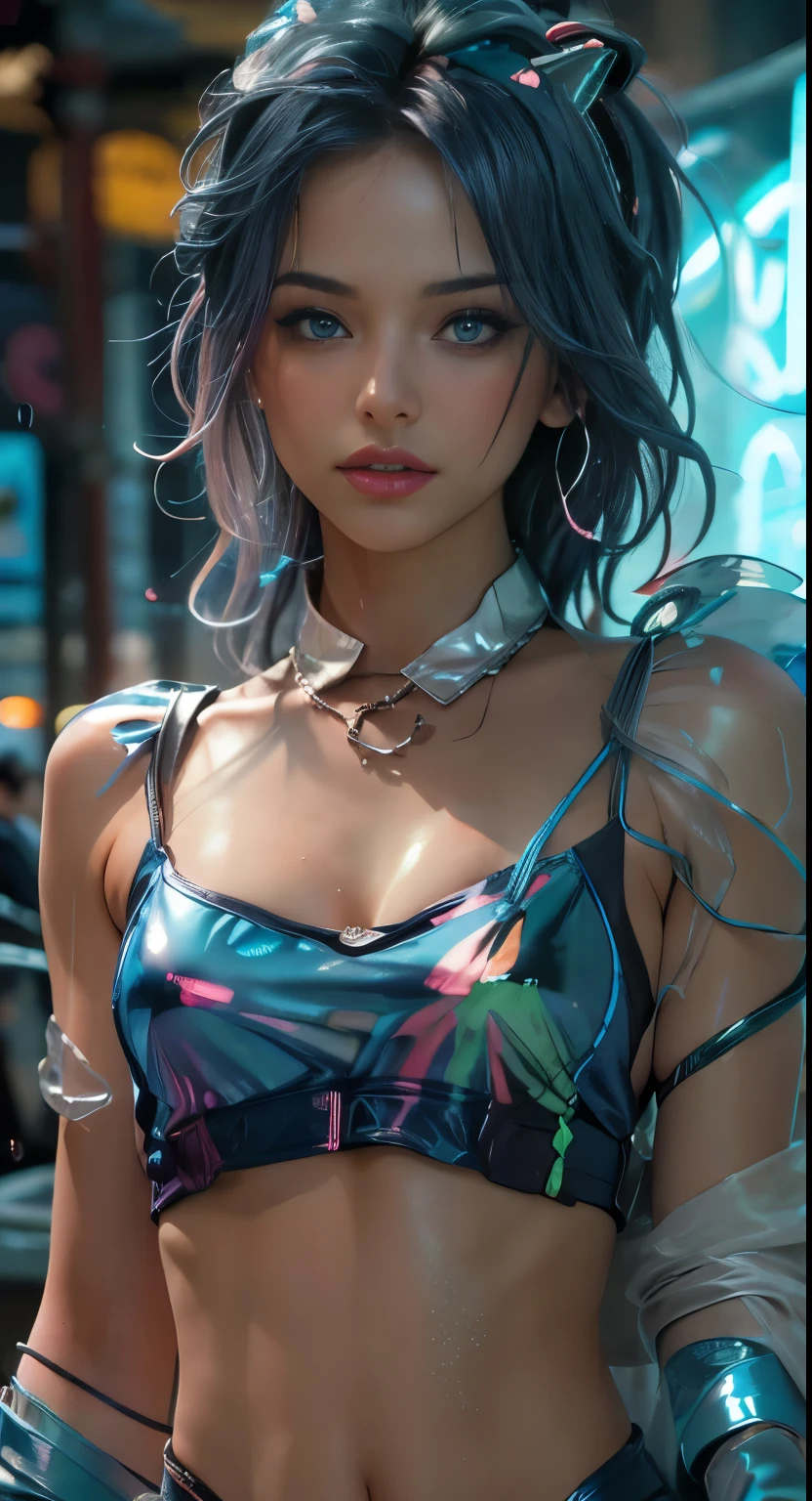 Motor irreal:1.4,UHD,melhor qualidade:1.4, fotorrealista:1.4, textura da pele:1.4, obra prima:1.8,obra-prima, melhor qualidade, 1girl, Menina Ives, Mecha, beautiful lighting, (Neon light: 1.2), (Noite: 1.5), "obra-prima, melhor qualidade, 1Menina, Retrato de corpo inteiro, pose sensual, olhos azuis, Cabelos multicoloridos+Prata:1.3+Rosa:1.3+azul:1.3, Pernas esculpidas e curvas tentadoras, seios cheios, Rosto bonito, many drops of water, nuvem, Twilight, Plano aberto, aquarela, Neon light:1.2, Noite:1.5, Mecha, beautiful lighting, luz neon brilhante: 1.2, unforgettable mysterious night: 1.5", mano Detalhado:1.4,