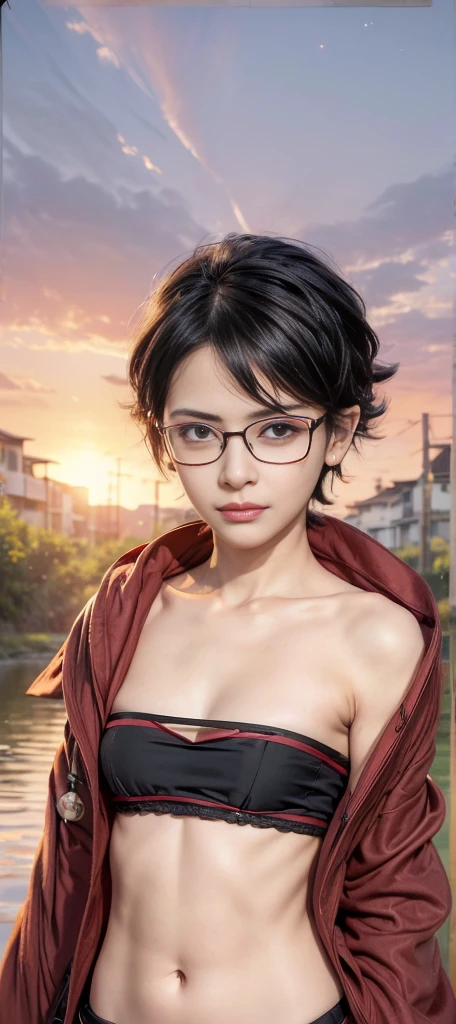 masterpiece, best quality, (realistic,photo-realistic:1.4), (RAW photo:1.2), extremely detailed CG unity 8k wallpaper, delicate and beautiful, amazing,finely detail, official art, absurdres, incredibly absurdres, huge filesize, ultra-detailed,extremely detailed eyes and face,light on face,sarada,(smirk:1.4),(black hair:1.4),(very short hair:1.4),nature,sarada uchiha ,(wearing black framed glasses:1.5),(wearing robe:1.5),village,navel,tube top