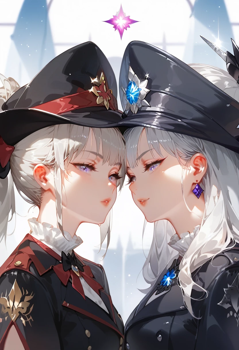 Two intimate celestial women，silver Hair，One a etheral witch the other an etheral sword saint. short white woman, two tone hair, glowing silver eyes, black outfit with silver framed gemstones. white and warm cameo colored cover, hat with long brim black and purple. Futanari,