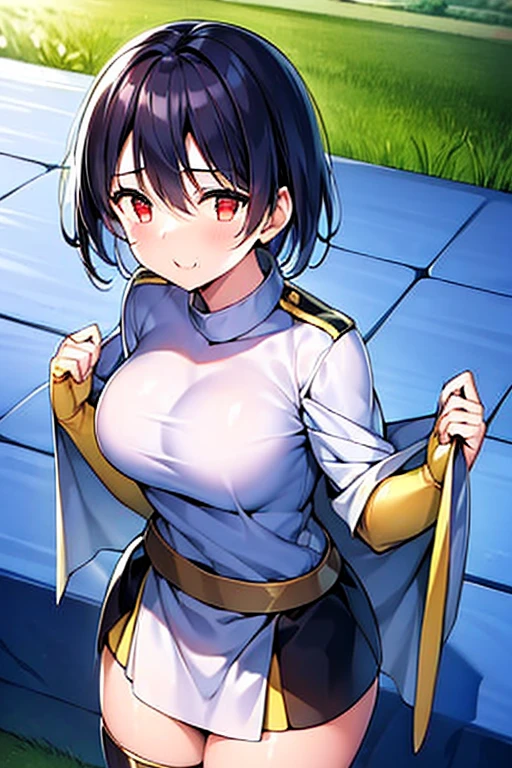 Female Warrior、 black hair、 short hair on the side of the uniform