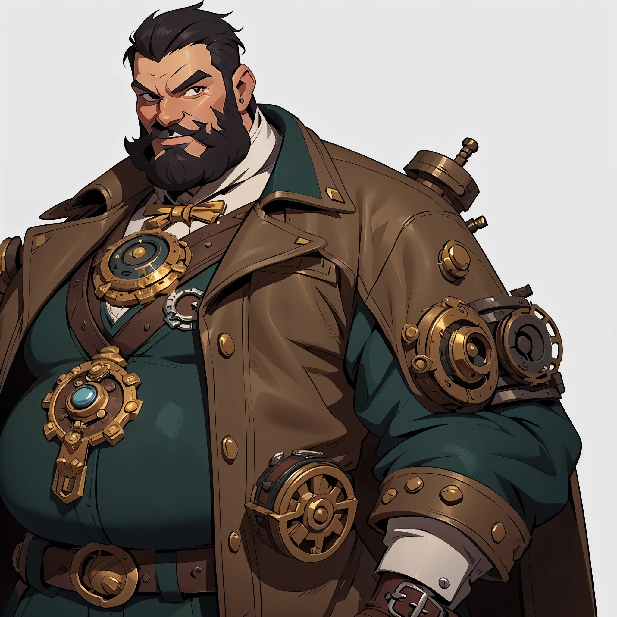 mstoconcept art, european and american cartoons, game character design, solo, 1MAN, human, brown skin, Chubby, CLEAN FACE,  GRAY BACKGROUND, steampunk clothes, steampunk engineer, FULL BODY, STANDING, black hair, black beard, fantasy rpg rogue, (((detailed))), (((high resolution))), happy smile