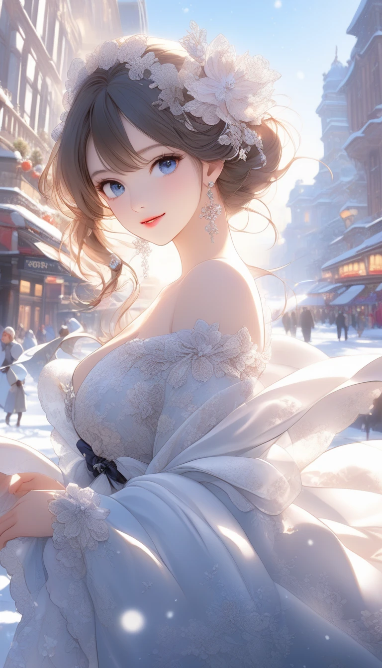 ( best quality:1.2,  Very detailed, Anime Style,  Detailed CG Illustrations ,   ultra high resolution,  high contrast , masterpiece:1.2,  best aesthetics), ( 1 girl), ((セクシーな赤い花柄の着物を着た Beautiful Women、Silk fabric that fits the body perfectly 、 off-shoulder ))、 Carefully drawn face and eyes ,  Beautiful Women,   beautiful eyes ,  Beautiful Long Lashes ,  glossy lips, Rouge, Smiles abound、 Graceful Posture、Scenery during shopping 、Warm Light、Soft Shadows、Cinematic composition、 chiaroscuro。winter、The background is a snowy city 、