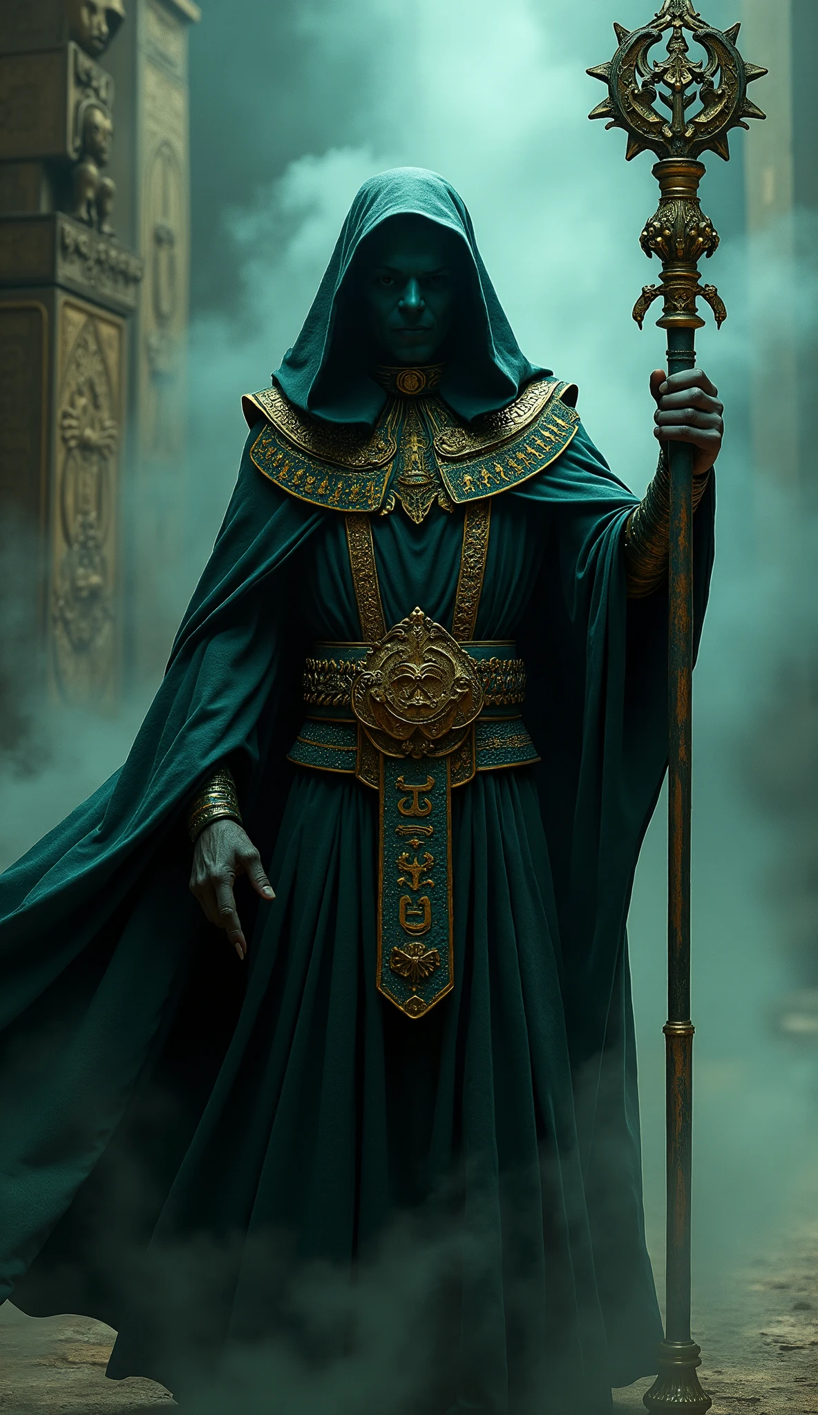 8K quality hyper-realistic image of an Egyptian villain in ancient mystical attire, holding an ornate staff and wearing an intimidating mask. A powerful dark aura surrounds their body, enhancing their ominous and ancient presence.