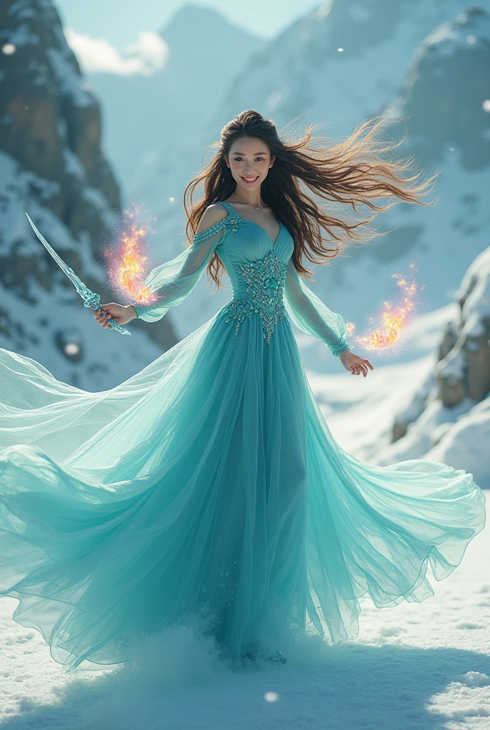 A beautiful woman with long flowing hair wielding an rainbow flaming ball, dancing in a snowy landscape, wearing a flowing sexy blue cheongsam dress, adorned with emerald jewels, her confident smiling face surrounded by swirling clouds against a mountainous backdrop, (best quality,4k,8k,highres,masterpiece:1.2),ultra-detailed,(realistic,photorealistic,photo-realistic:1.37),extremely detailed eyes and face,longeyelashes,intricate ice sword,dramatic lighting,moody atmospheric,fantasy,cinematic,digital painting