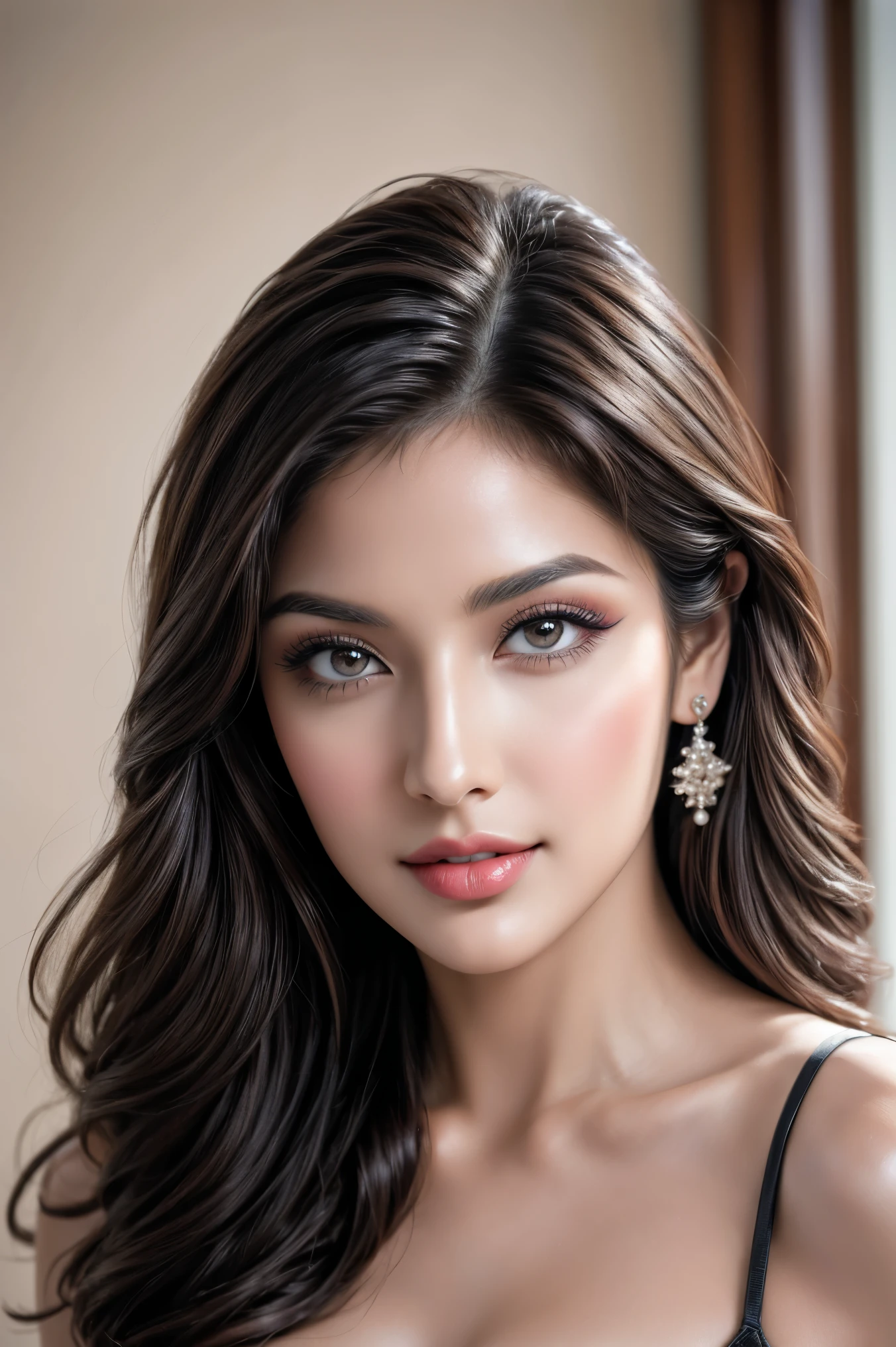 A close up of a woman with long hair wearing a bra - SeaArt AI