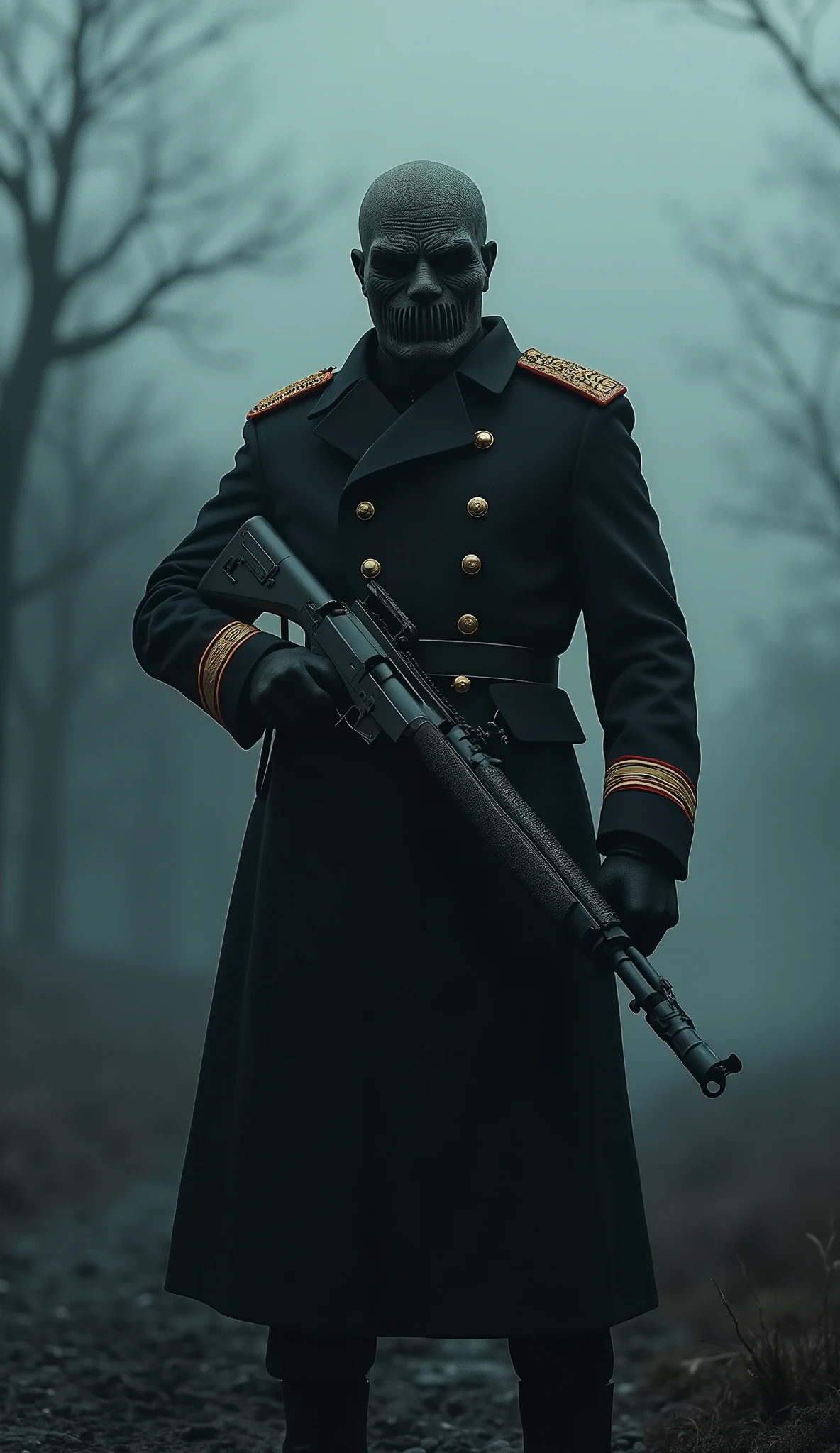 8K quality hyper-realistic image of a Russian villain in a military uniform, holding a rifle with a dark, menacing mask, standing in a powerful pose. A dark, ominous aura surrounds their entire body, creating a shadowy, intimidating presence