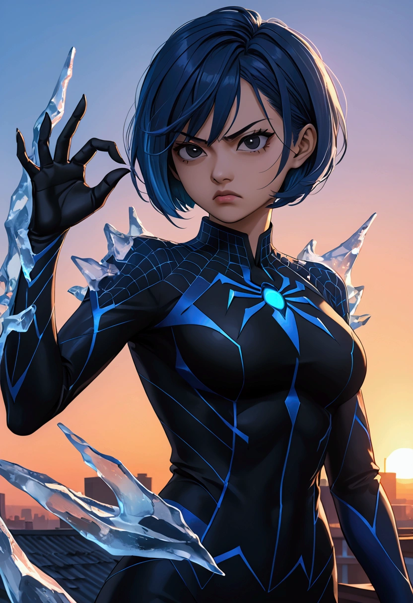 a asian woman with blue indigo very short hair, black eyes, she wears a black suit with blue cyber detail, spideremblem, ice on her sholder and hands, top of the roof sunset, she is angry