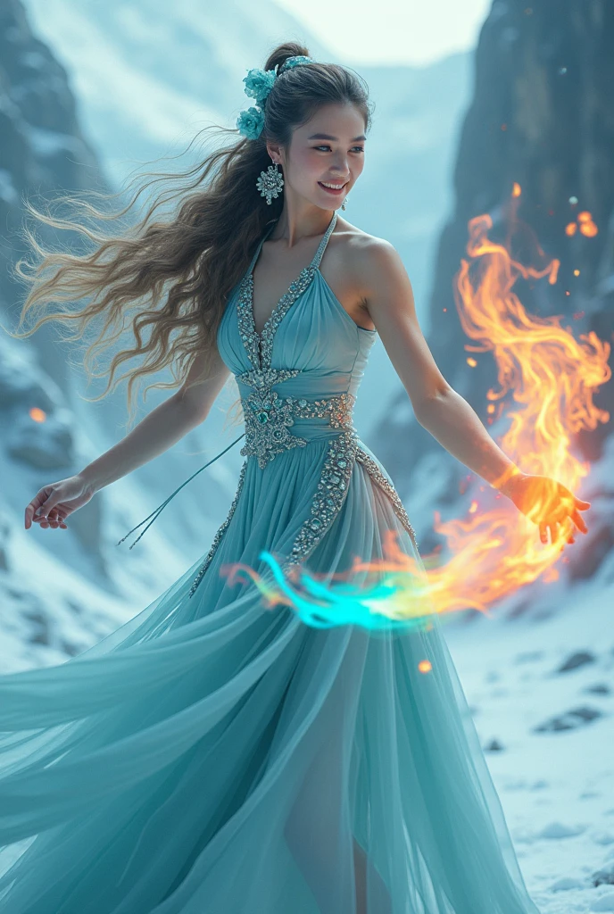 A beautiful woman with long flowing hair wielding an rainbow flaming ball, dancing in a snowy landscape, wearing a flowing sexy blue cheongsam dress, adorned with emerald jewels, her confident smiling face surrounded by swirling clouds against a mountainous backdrop, (best quality,4k,8k,highres,masterpiece:1.2),ultra-detailed,(realistic,photorealistic,photo-realistic:1.37),extremely detailed eyes and face,longeyelashes,intricate ice sword,dramatic lighting,moody atmospheric,fantasy,cinematic,digital painting