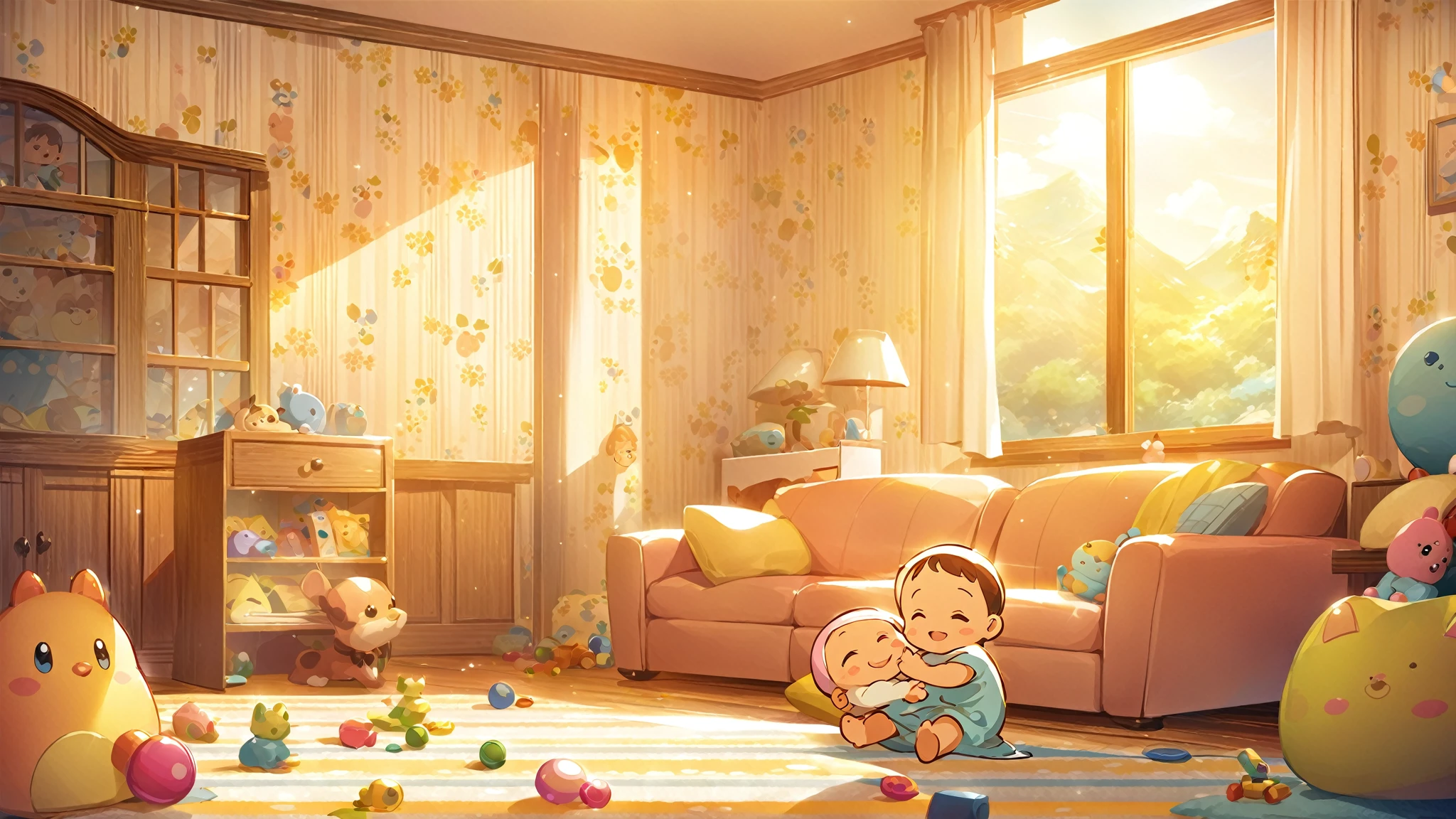 Best quality，wallpaper，illustration，anime cartoon printings，Hand-drawn style， cozy atmosphere ，Cozy living room，Sunlight shines in through the window， The indoor toys are scattered all over the floor ，The baby the mother is holding，Baby opens arms ， smiles and closes eyes ， Enjoy the mother's love and warmth 。