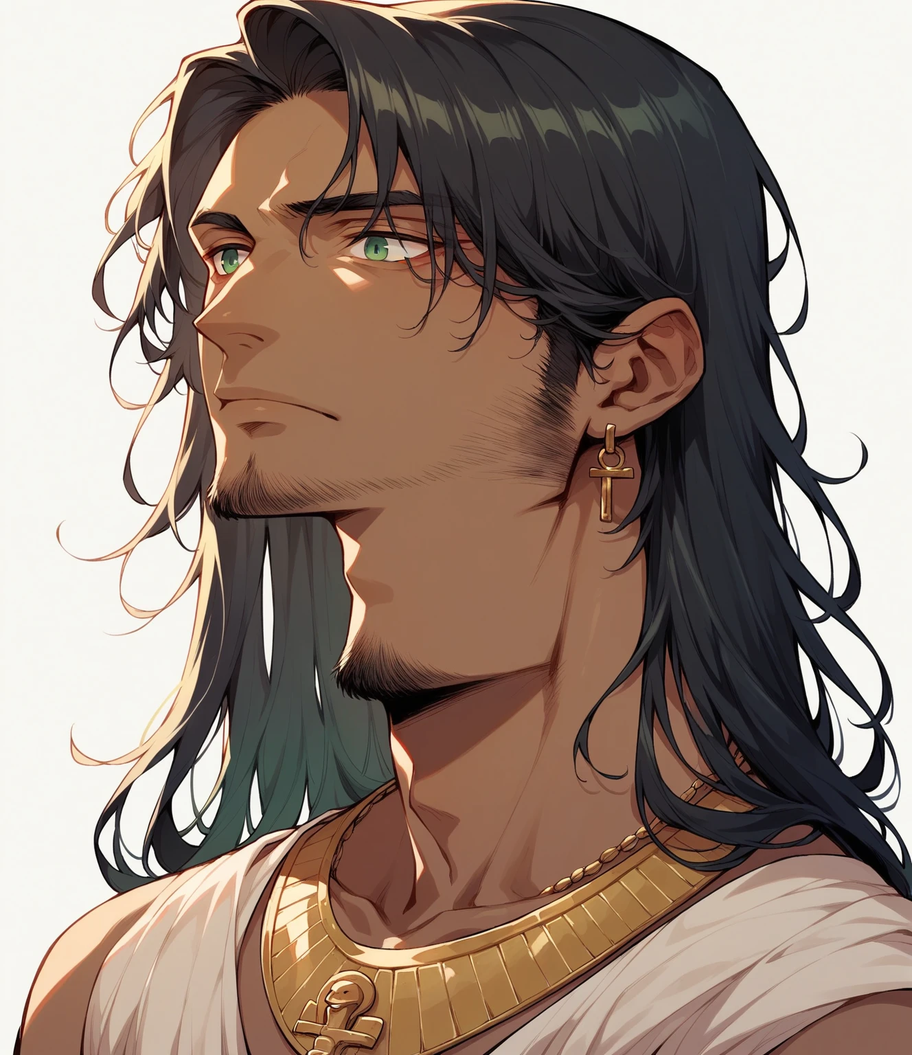 Anime man, long black hair, green bangs, Egyptian, Brown skin, facial hair, gold, gold necklace, no shirt, white background, pretty lighting, detailed, ((man)), half body