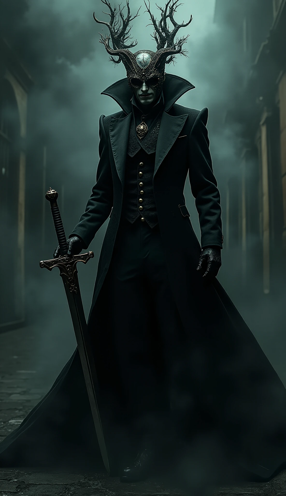 8K quality hyper-realistic image of a French villain in an elegant yet sinister outfit, holding a sword and wearing a gothic mask. A dark, swirling aura envelops their entire body, radiating menace and evil energy