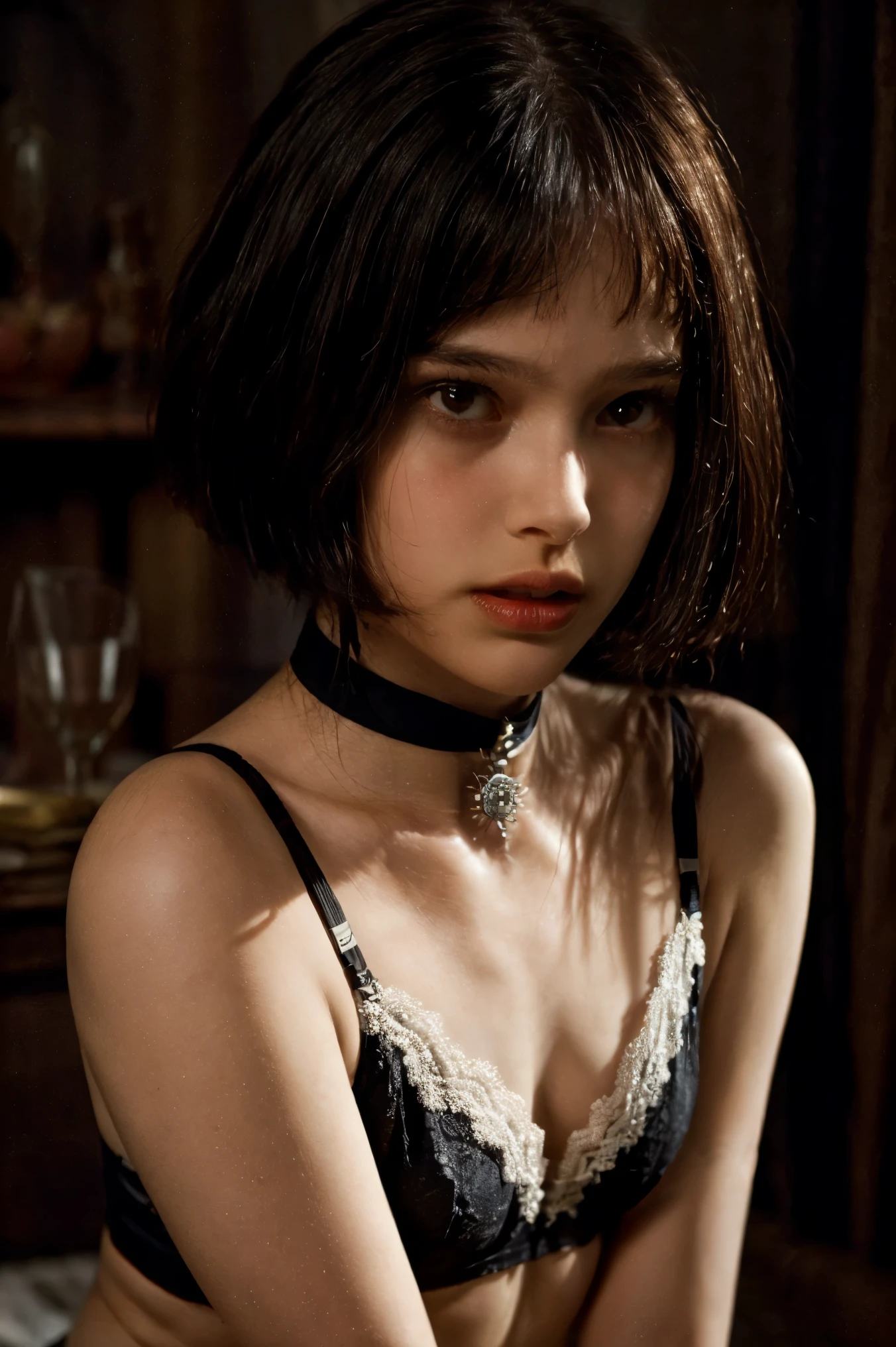 (nsfw:-2),(realistic, photo-realistic:1.4), (masterpiece, best quality:1.2), RAW photo, high resolution, intricate details, extremely detailed, sharp focus, cinematic lighting, portrait, solo, 1girl, a -year-osraeloman, posing for gravure photography, sensual posture, (dark hair, short bob cut with short bangs), (detailed face, beautiful detailed eyes, sophisticated nose), pale skin, fine-textured skin, collarbone, thighs, (tiny breasts, flat chest), (choker, jewelry, revealing black lingerie, tiny bra, tiny thong, thin strap, sleeveless), photo background, indoors,,,[Natalie Portman as Mathilda]