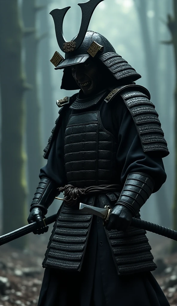 8K quality hyper-realistic image of a Japanese villain in traditional samurai armor, wielding a katana and wearing a dark, eerie mask, exuding a dark, ominous aura in a battle-ready pose.”