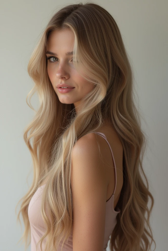 A 23-year-old blonde woman, ((pechos grandes)), ((hiperrealismo)). Blonde hair with light brown roots. Cabello rubio, cabello extra largo, cabello muy largo, really long hair, styled in loose waves cascading down her back. Photo taken with an iPhone, show entire body, whole body in frame, showcasing her curves. Cleavage subtly visible