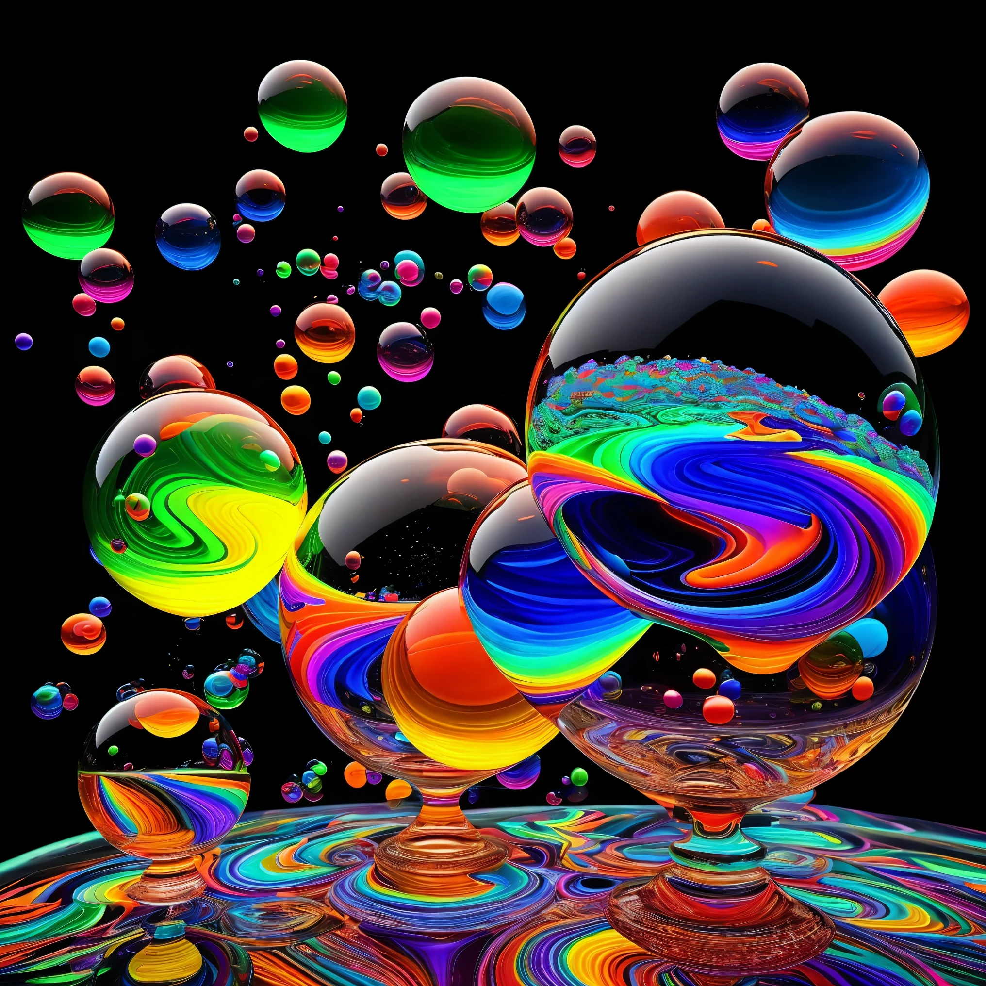 Incredible 3d images of melting glass orbs pouring colours from one orb to another in a psychedelic dream, shimmering glass morphing out of colors, tripped out detailed patterns in all colors, perfectly formed symmetrical spheres and glowing reflective bubbles, attention to detail on the bubbles and spheres, rainbows of color twisted in and out of translucent bubbles with a background is spilled paint and spirals of swirling colour, beautiful psychedelic digital art, pixel art, neon colors, 4d mandelbulb psychedelics, glass like psychedelic landscape, intricate rainbow environment, psychedelic underwater brightness, LSD,DMT, Psilocybin, Mescaline, trails of color and light, bright fluorescent colors, psychedelic trip, fluorescent psychedelic aesthetic, psychedelic vibrant colors, bright psychedelic neon colors, colorful paint drips out of the bubbles, 3d glass spheres melt into each other spilling out colours, visually disorienting, hallucination inducing, optical illusions a must, startling, stunning images, awe inspiringly, best quality wallpaper, Pixel Assets, Portrait photography, surrealism, Photorealistic, Hyperdetailed, Glass Morphism, Digital Art, Sparkle, Optical Illusion, Glowing Light, Reflection Light, Overexposure, God rays Backlighting, Depth Of Field, Rotational Symmetry, UHD, High Details, High Quality, Super Detailed, Best Quality, Award Winning, holographic, holographic earth Masterpiece