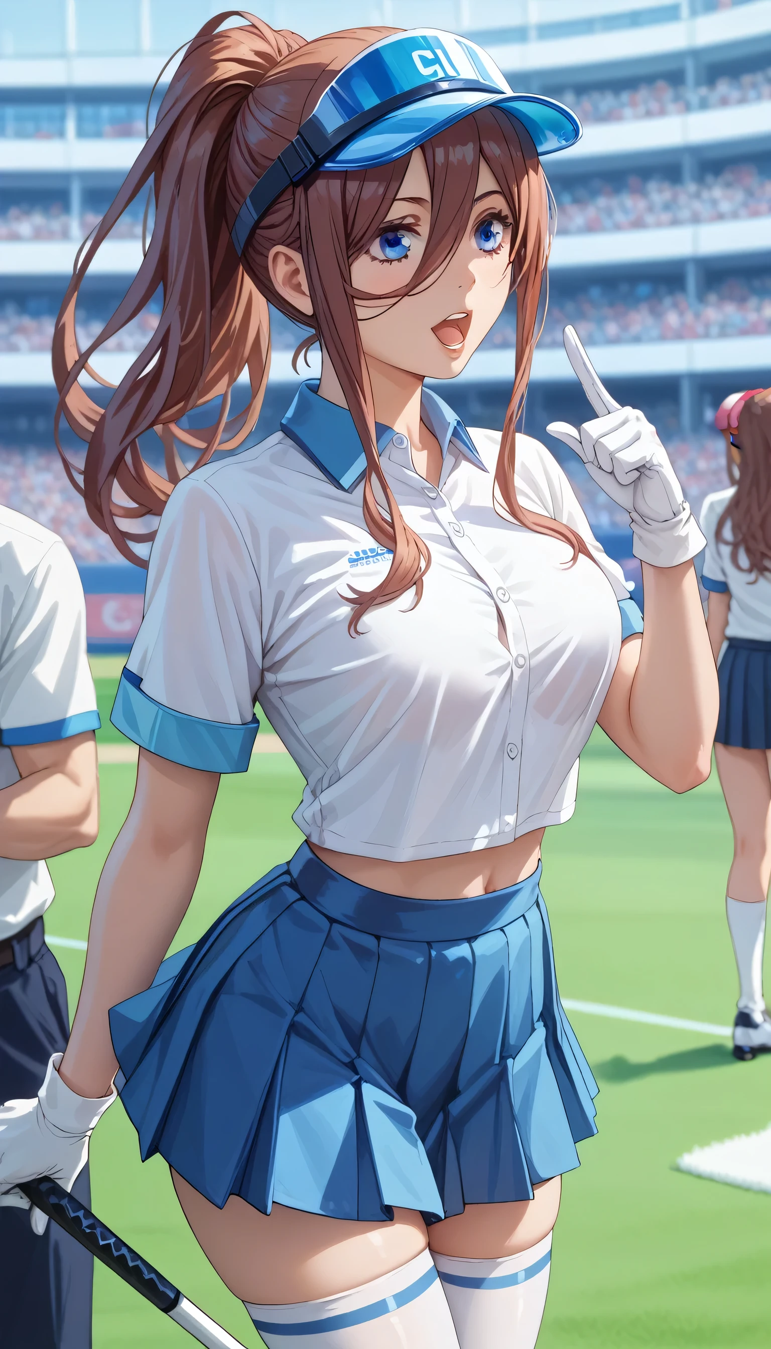 Tall girl, Fit girl,score_9, score_8_up, score_7_up, score_6_up, uncensored, 1girl, miku nakano, long hair, bangs, blue eyes, brown hair, shirt, hair between eyes, huge golf_club, 1girl, gloves, thighhighs, skirt, white_gloves, visor_cap, blue_skirt, ponytail, shirt, long_hair, open_mouth, white_shirt, pleated_skirt, short_sleeves, solo_focus, brown_hair, index_finger_raised, zettai_ryouiki, breasts, pointing, brown_eyes, holding, midriff