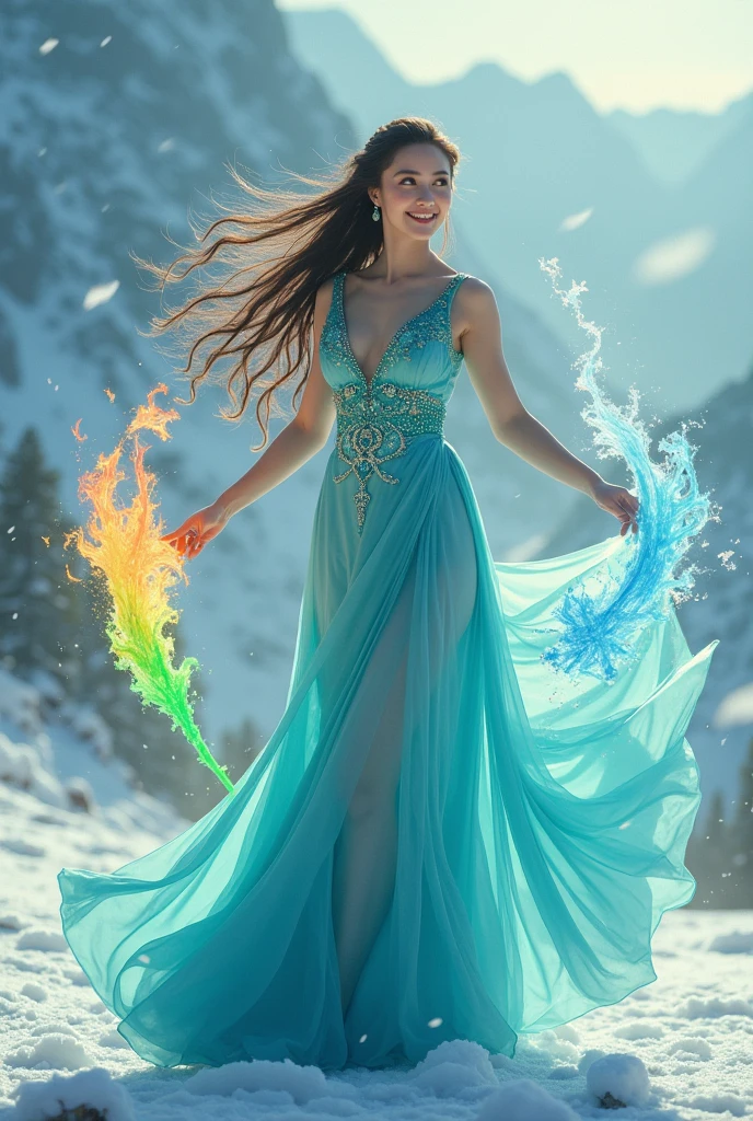 A beautiful woman with long flowing hair wielding an rainbow flaming ball, dancing in a snowy landscape, wearing a flowing sexy blue cheongsam dress, adorned with emerald jewels, her confident smiling face surrounded by swirling clouds against a mountainous backdrop, (best quality,4k,8k,highres,masterpiece:1.2),ultra-detailed,(realistic,photorealistic,photo-realistic:1.37),extremely detailed eyes and face,longeyelashes,intricate ice sword,dramatic lighting,moody atmospheric,fantasy,cinematic,digital painting