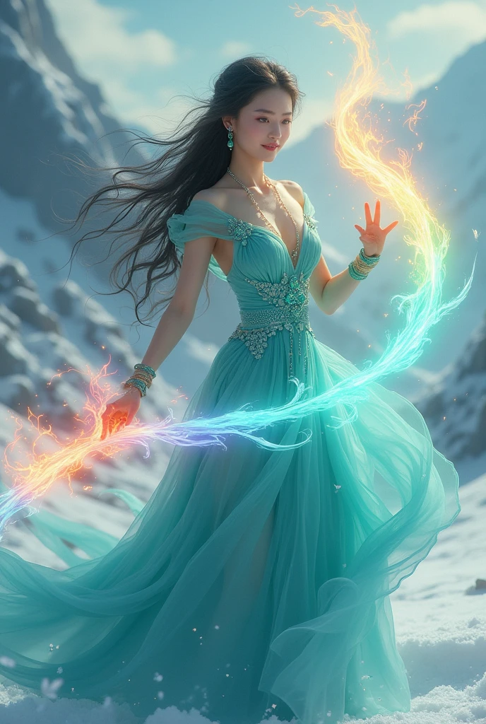 A beautiful woman with long flowing hair wielding an rainbow flaming ball, dancing in a snowy landscape, wearing a flowing sexy blue cheongsam dress, adorned with emerald jewels, her confident smiling face surrounded by swirling clouds against a mountainous backdrop, (best quality,4k,8k,highres,masterpiece:1.2),ultra-detailed,(realistic,photorealistic,photo-realistic:1.37),extremely detailed eyes and face,longeyelashes,intricate ice sword,dramatic lighting,moody atmospheric,fantasy,cinematic,digital painting