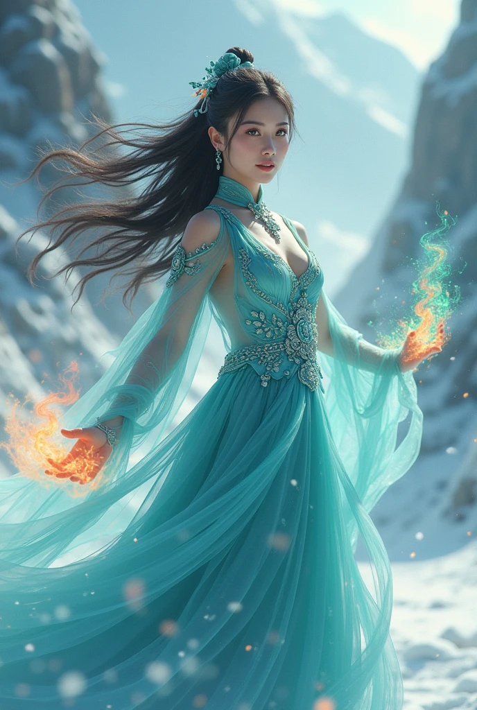 A beautiful woman with long flowing hair wielding an rainbow flaming ball, dancing in a snowy landscape, wearing a flowing sexy blue cheongsam dress, adorned with emerald jewels, her confident smiling face surrounded by swirling clouds against a mountainous backdrop, (best quality,4k,8k,highres,masterpiece:1.2),ultra-detailed,(realistic,photorealistic,photo-realistic:1.37),extremely detailed eyes and face,longeyelashes,intricate ice sword,dramatic lighting,moody atmospheric,fantasy,cinematic,digital painting