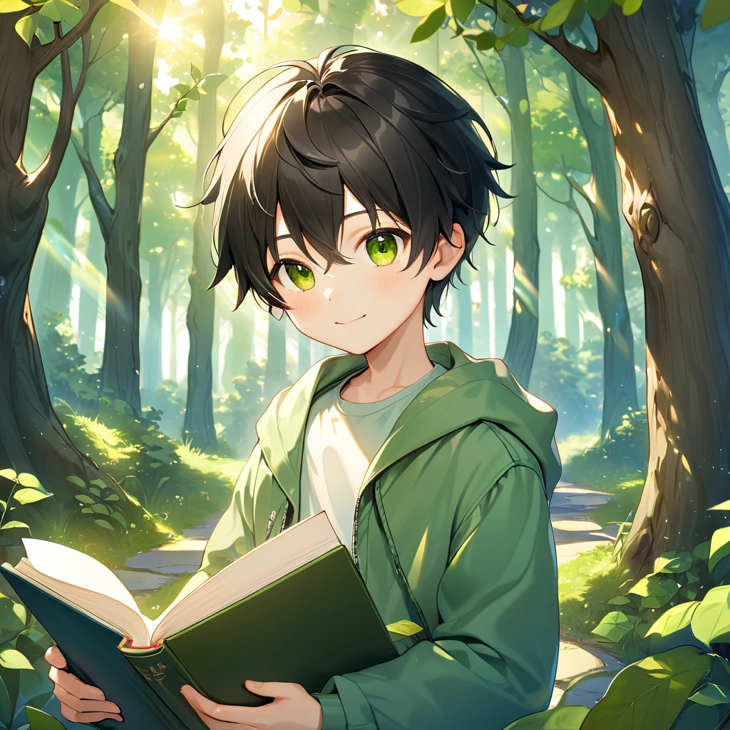 A small, young boy around , with a slender and delicate build that reflects his early elementary school age. He has pale skin, soft black hair with long bangs that almost cover his large, innocent brown eyes, giving him a curious and gentle expression. Hugging a book tightly to his chest, he smiles shyly, showing his love for reading. The background is a lush, green forest with soft sunlight filtering through the trees, creating a peaceful and magical atmosphere that enhances his youthful charm.
