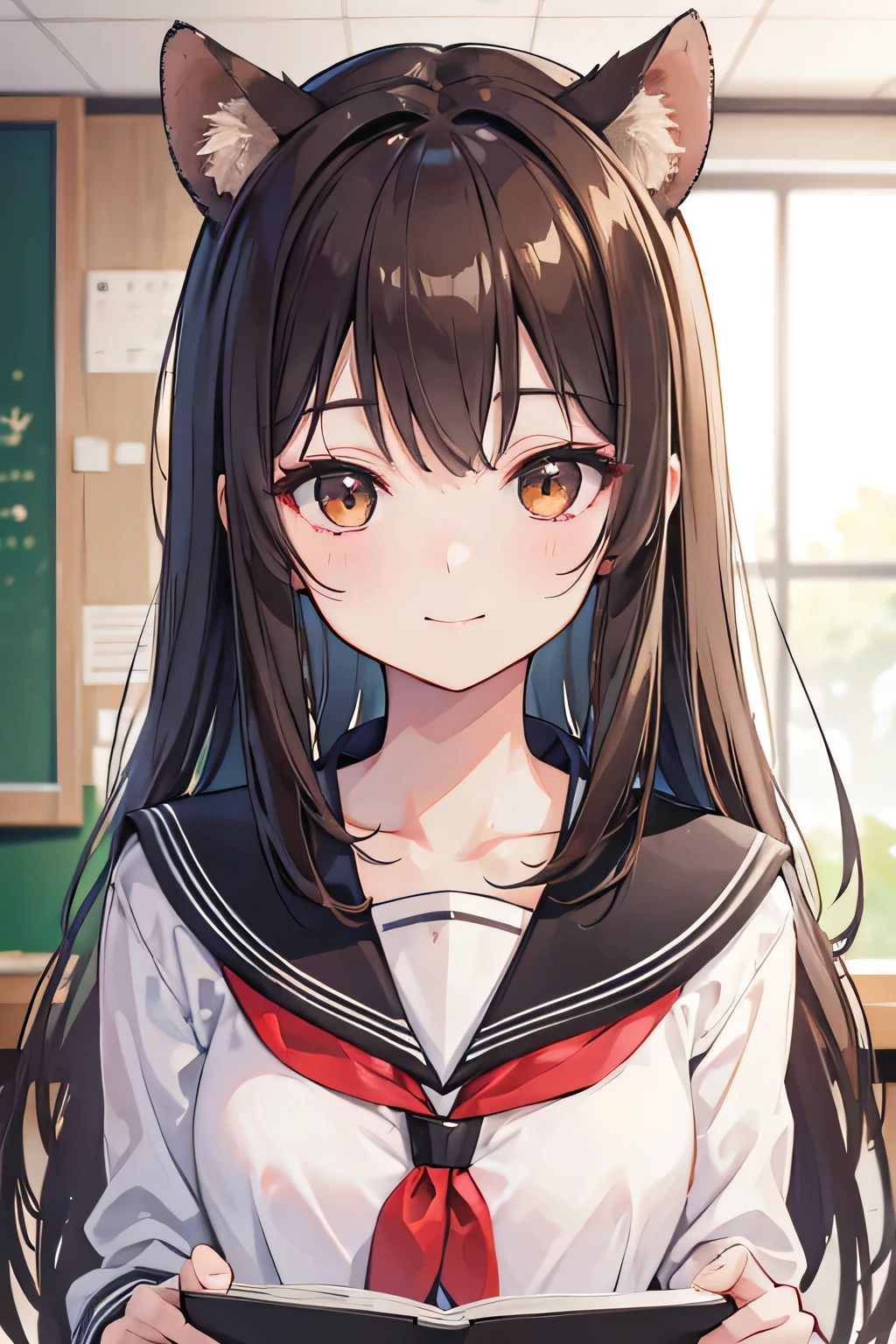 Anime girl with long hair and cat ears in a school uniform - SeaArt AI