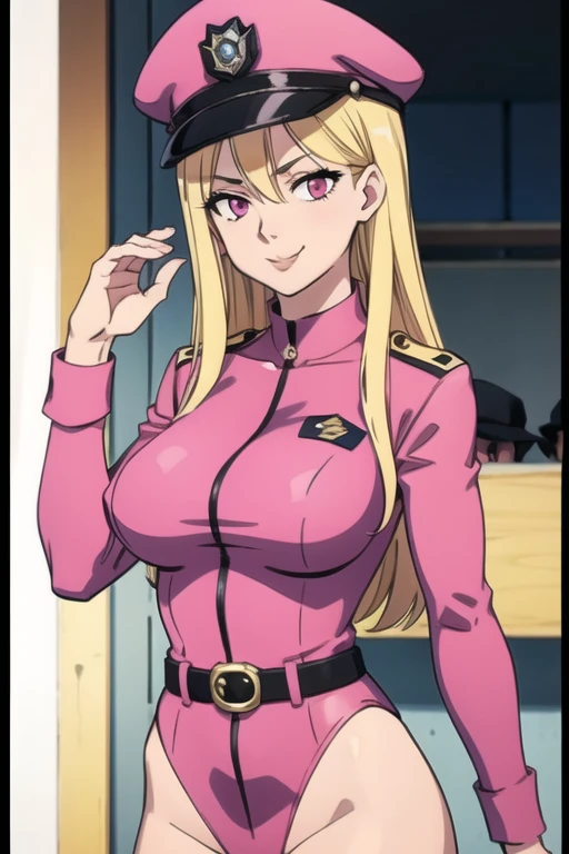 Selene, ftselenecas, long hair, blonde hair, pink eyes, mature female, large breasts, BCop, belt, policewoman, leotard, police hat, peaked cap, calm smile