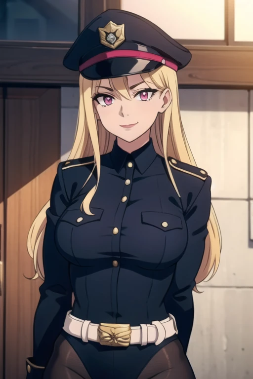 Selene, ftselenecas, long hair, blonde hair, pink eyes, mature female, large breasts, BCop, belt, policewoman, leotard, police hat, peaked cap, calm smile