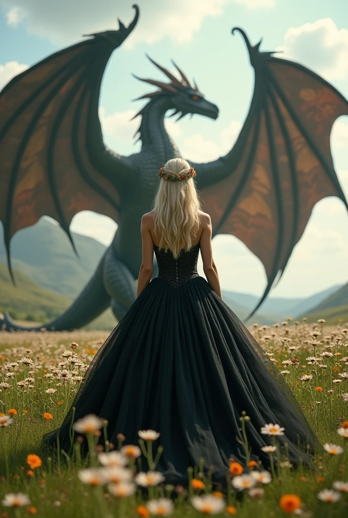 (photorealism:1.2), woman in a black ball gown, with blond hair, back turned to the viewer, standing in front of a HUGE black dragon head, with it’s wings spread behind it, in a meadow 