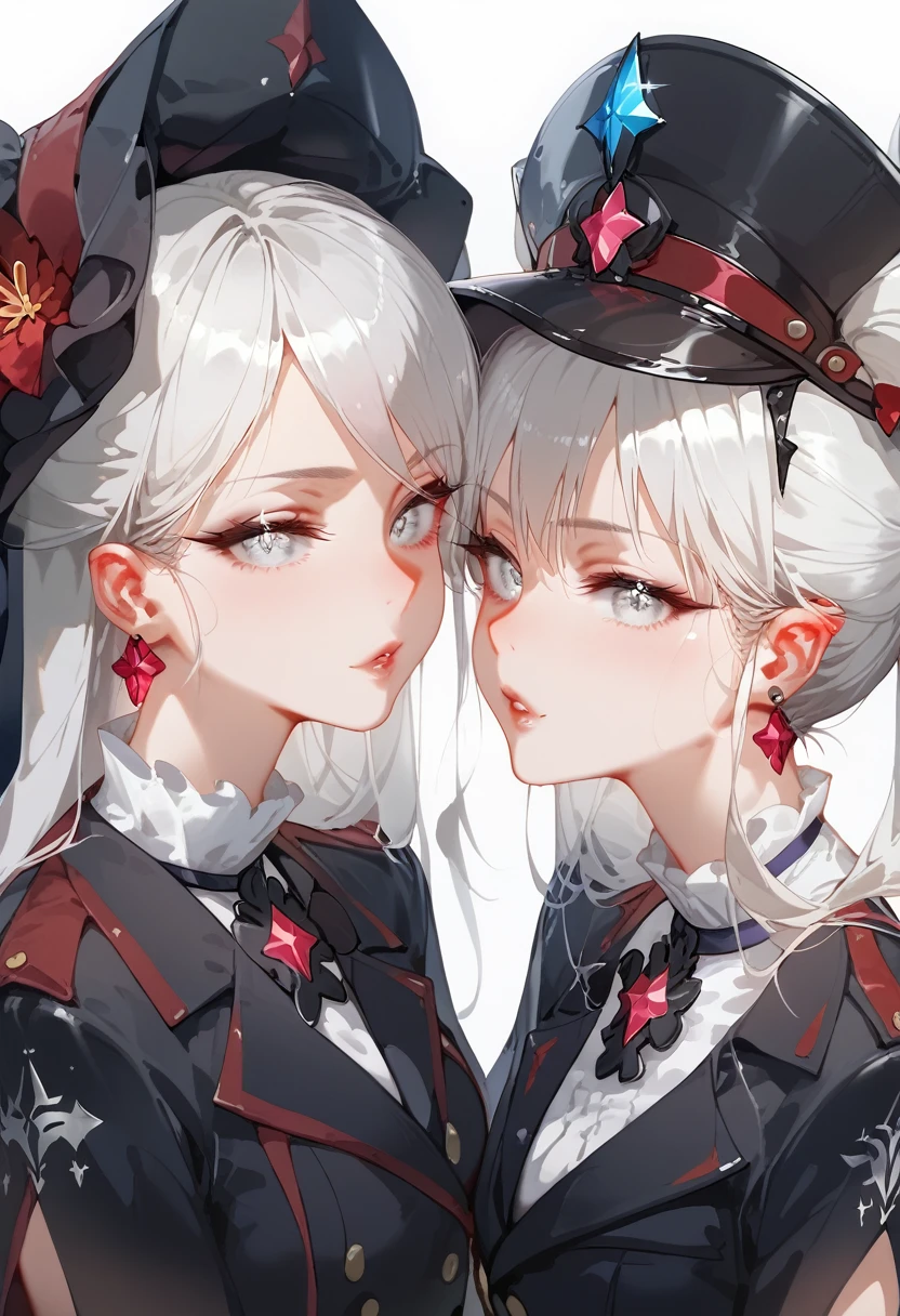 Two intimate women, celestial twins, long silver Hair，One a etheral light sorceress the other an etheral black sword saint. white woman, two tone Lucious hair, glowing silver eyes, black outfit with silver framed gemstones. white and warm cameo colored cover, hat with long brim black and purple. Futanari,