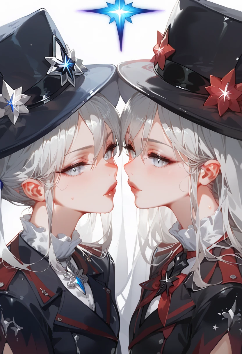 Two intimate women, celestial twins, long silver Hair，One a etheral light sorceress the other an etheral black sword saint. white woman, two tone Lucious hair, glowing silver eyes, black outfit with silver framed gemstones. white and warm cameo colored cover, hat with long brim black and purple. Futanari,