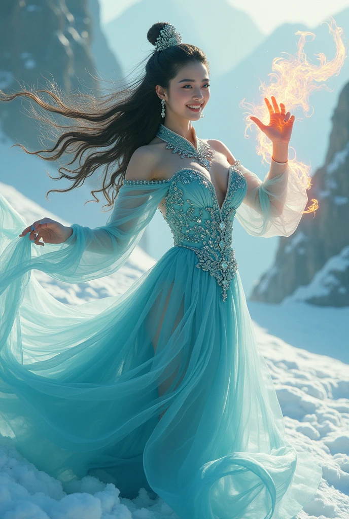 A beautiful woman with long flowing hair wielding an rainbow flaming ball, dancing in a snowy landscape, wearing a flowing sexy blue cheongsam dress, adorned with emerald jewels, her confident smiling face surrounded by swirling clouds against a mountainous backdrop, (best quality,4k,8k,highres,masterpiece:1.2),ultra-detailed,(realistic,photorealistic,photo-realistic:1.37),extremely detailed eyes and face,longeyelashes,intricate ice sword,dramatic lighting,moody atmospheric,fantasy,cinematic,digital painting