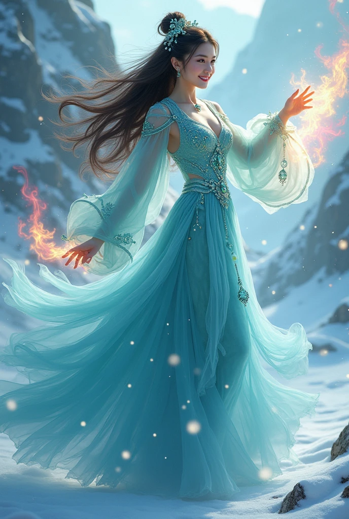 A beautiful woman with long flowing hair wielding an rainbow flaming ball, dancing in a snowy landscape, wearing a flowing sexy blue cheongsam dress, adorned with emerald jewels, her confident smiling face surrounded by swirling clouds against a mountainous backdrop, (best quality,4k,8k,highres,masterpiece:1.2),ultra-detailed,(realistic,photorealistic,photo-realistic:1.37),extremely detailed eyes and face,longeyelashes,intricate ice sword,dramatic lighting,moody atmospheric,fantasy,cinematic,digital painting