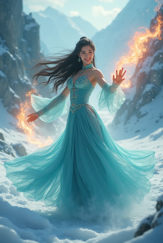 A beautiful woman with long flowing hair wielding an rainbow flaming ball, dancing in a snowy landscape, wearing a flowing sexy blue cheongsam dress, adorned with emerald jewels, her confident smiling face surrounded by swirling clouds against a mountainous backdrop, (best quality,4k,8k,highres,masterpiece:1.2),ultra-detailed,(realistic,photorealistic,photo-realistic:1.37),extremely detailed eyes and face,longeyelashes,intricate ice sword,dramatic lighting,moody atmospheric,fantasy,cinematic,digital painting